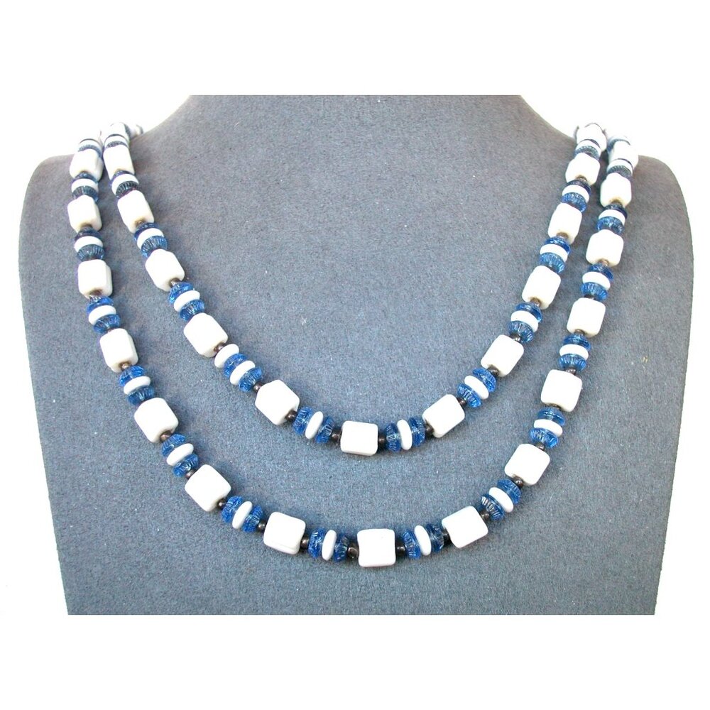 Extra Long 60" Vintage Square White Glass Bead and Transparent Blue and Gold Bea